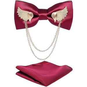 6368 Solid Bow Tie Metal Golden Wing Bowties Hanky Set Tuxedo Banquet Neck
